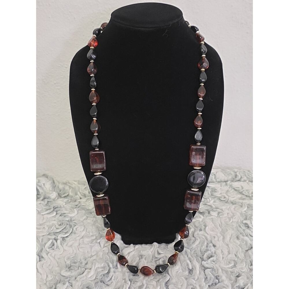 Vintage Amber & Black Beaded Necklace Chunky Long Lucite Gold Tone 34”